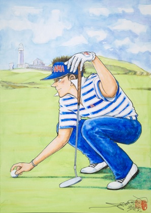 A golfer on Fair Isle Lighthouse Keepers Golf Course, Scotland by Chiba Tetsuya