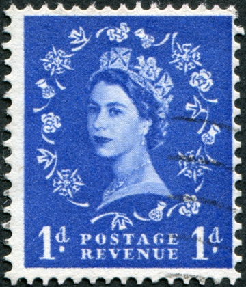 A postage stamp bearing the Queen’s head in 1953, the year of her coronation.