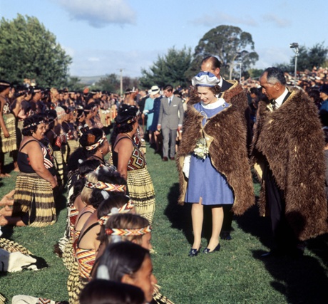 The Queen, ‘the Rare White Heron’, in her cloak of Kiwi feathers in Gisbourne, New Zealand, 1970.