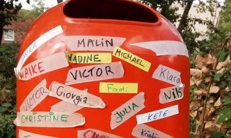​Volunteer name tags at a registration centre in Berlin, Germany