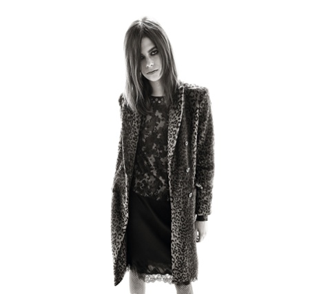 A model – not Carine but she could be – shows off Carine Roitfeld’s collection for Uniqlo