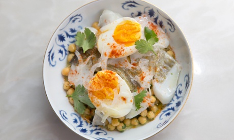 Cod confit with chickpea salad.