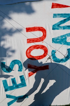 Robert van Waarden captures Avaaz Action Factory youth setting up banners at the United Nations climate talks in Bonn, Germany.