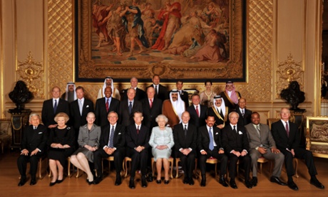 Queen Elizabeth II (C) poses for group photo with assorted global monarchs before her Sovereign Monarch’s Jubilee lunch, in the Grand reception room at Windsor Castle in 2012.