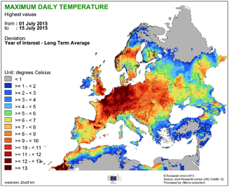 Warmer and colder regions than normal.  Source: European Drought Observatory.