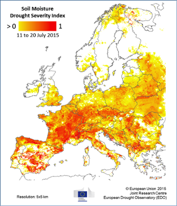 Drier soils than normal.  Source: European Drought Observatory.