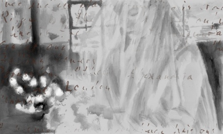 Cracking Glass (after Jarman): one of 28 monochrome paintings partially covering fragments from TS Eliot’s The Waste Land. © Uwe Wittwer 2015; courtesy Parafin, London 