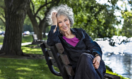 Margaret Atwood sitting on a park bench