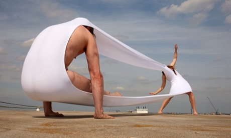 Dancers test the limits of Hussein Chalayan’s fabric creations for Gravity Fatigue.