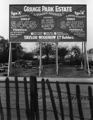 A 1930s sign advertising the building of the Grange Park Estate in Uxbridge by builders Taylor Woodrow.