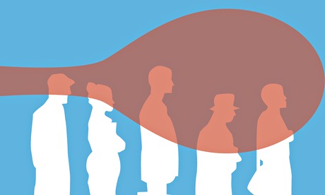 illusration of people in a line with large spoon layered opn top