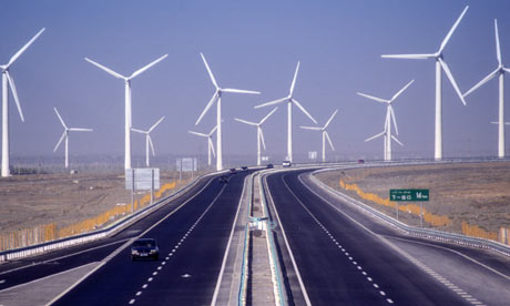 Windfarm in China. China’s ambitious wind and solar plans represent a direct challenge to Europe’s claims of world leadership on cutting carbon emissions. Photograph: Keren Su/Getty