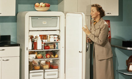 A woman with a refrigerator