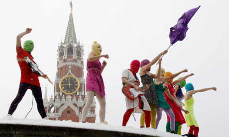 Russian radical feminist group Pussy Riot stage a protest against Vladimir Putin’s policies at Moscow’s Red Square last January. Photograph: Denis Sinyakov/Reuters