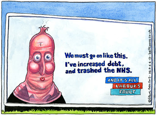 05.06.13: Steve Bell on David Cameron blaming Labour for the crisis in the NHS