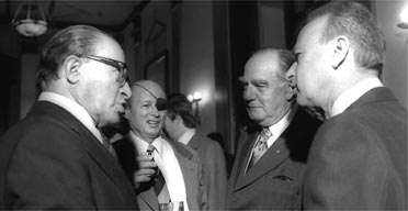 South Africa's prime minister John Vorster (second from right) is feted by Israel's prime minister Yitzhak Rabin (right) and Menachem Begin (left) and Moshe Dayan during his 1976 visit to Jerusalem. Photograph: Sa'ar Ya'acov