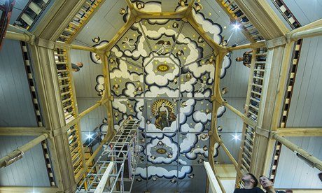 Work nears completion on the ceiling of the Sam Wanamaker Playhouse in London, which opens with The 