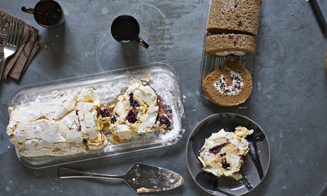 Coffee ricotta stracciatella cake and blackberry passion fruit meringue roulade