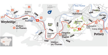 Cycling map: Putney Bridge to Weybridge