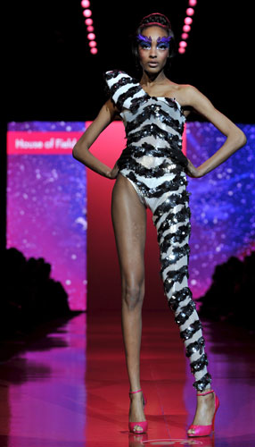 NY fashion week: weekend: Jourdan wearing a House of Field creation for the Barbie show