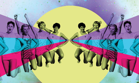 Women in bathing suits, waving