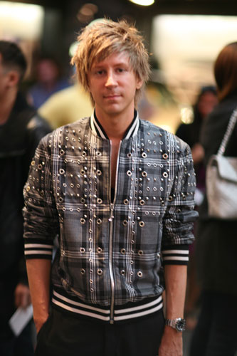 Studs in New York: Studs and rivets on a men's jacket at Phillip Lim
