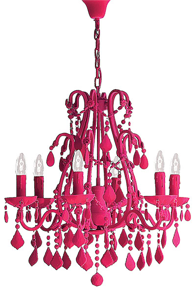 Homes: Velvet luxe: Hot pink flocked chandelier