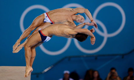 Tom Daley and Peter Waterfield (top) during the Olympics 2012 men's synchronised diving