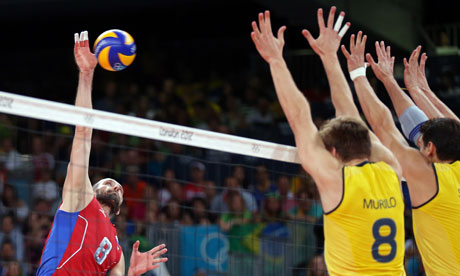 Russia on their way to victory over Brazil in the Olympics 2012 men's indoor volleyball.