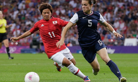 Japan's Shinobu Ohno and USA's Kelley O'Hara in the women's football gold medal match at London 2012