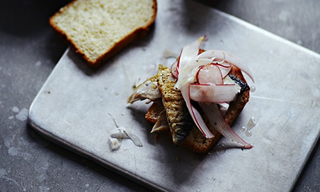 Pan-fried mackerel sandwich with rhubarb coleslaw