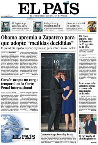 Cameron front pages: 16 El Pais