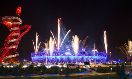 Fireworks explode over the Olympic Stadium during a rehearsal