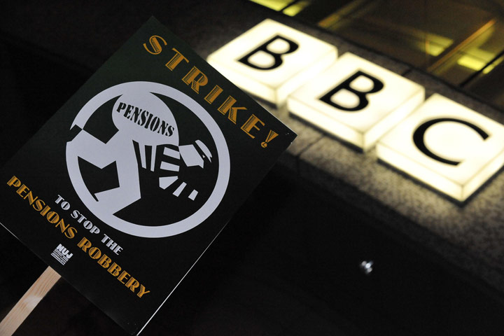 BBC strike: A placard on the picket line outside BBC Television Centre