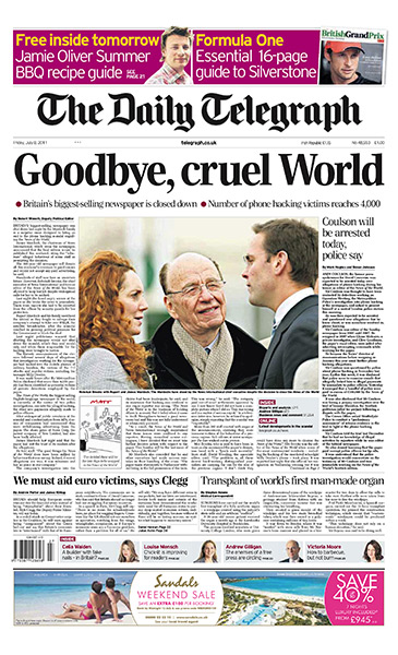 NOTW closure front pages: Daily Telegraph