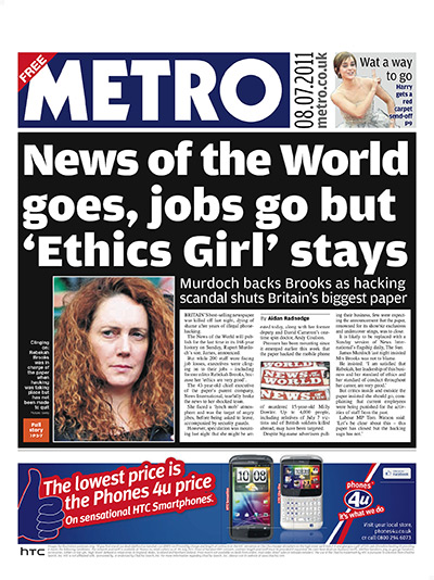 NOTW closure front pages: Metro