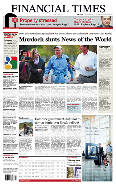 NOTW closure front pages: Financial Times