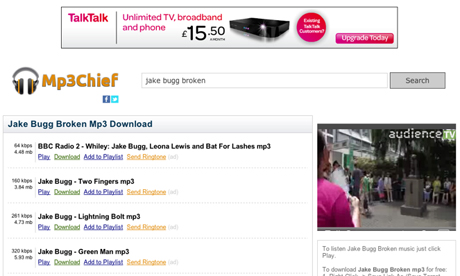 TalkTalk advertising on pirate site mp3chief