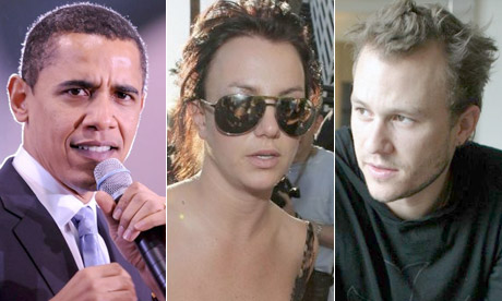 Montage of Barack Obama, Britney Spears and Heath Ledger