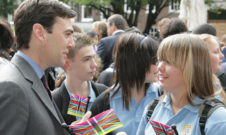 Andy Burnham with schoolchildren at Creative Economy open day