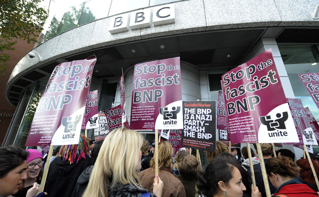 Question Time protests: Unite Against Fascism demonstrate outside BBC TV Centre over Question Time