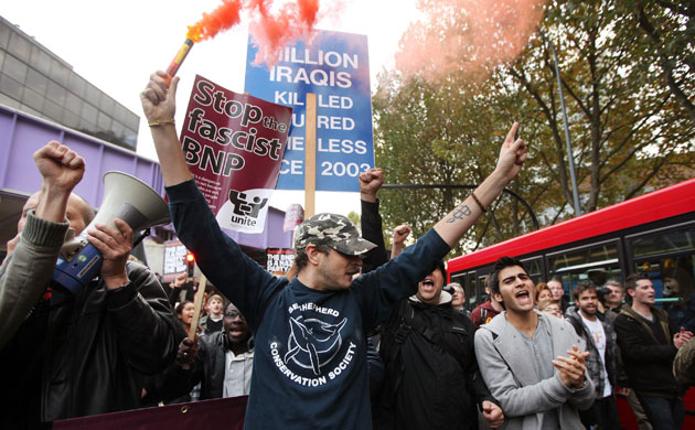 Question Time protests: Anti-BNP protesters demonstrate outside BBC Television Centre