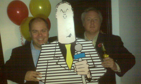 Channel Five's Paul Leather and Chris Thirsk with Roger Melly cut-out