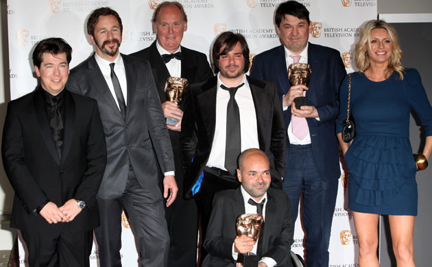 Bafta TV awards 2009: Cast and crew and award presenter Tess Daly with the situation comedy award