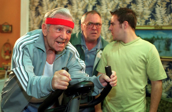 Ernie Crab (Norman Wisdom) shows up at the Duckworths to buy Jack's exercise bike