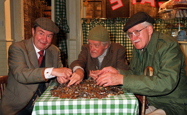 last of the Summer Wine: Peter Sallis (Clegg) Bill Owen (Compo) and Brain Wilde (Foggy) in 1999 