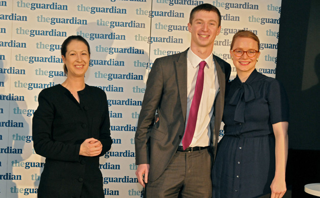 Broadcast journalist of the year runner-up: Clare Davis and Michael Greenfield, City University, with judge Francesca Panetta