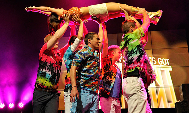 Newsroom's Got Talent: Lucrezia Millarini from ITV News is held up by the rest of the team