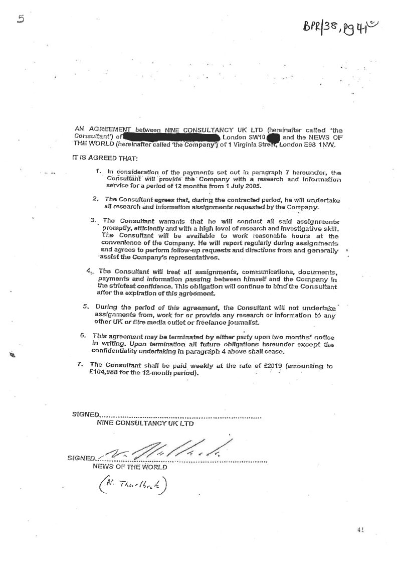 Glenn Mulcaire s News Of The World Contract Shown To Phone hacking 