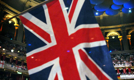 A Union Jack flag being waved at the Royal Albert Hall in London